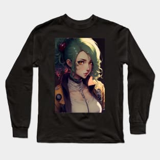 Anime Cute Girl with Green Hair Long Sleeve T-Shirt